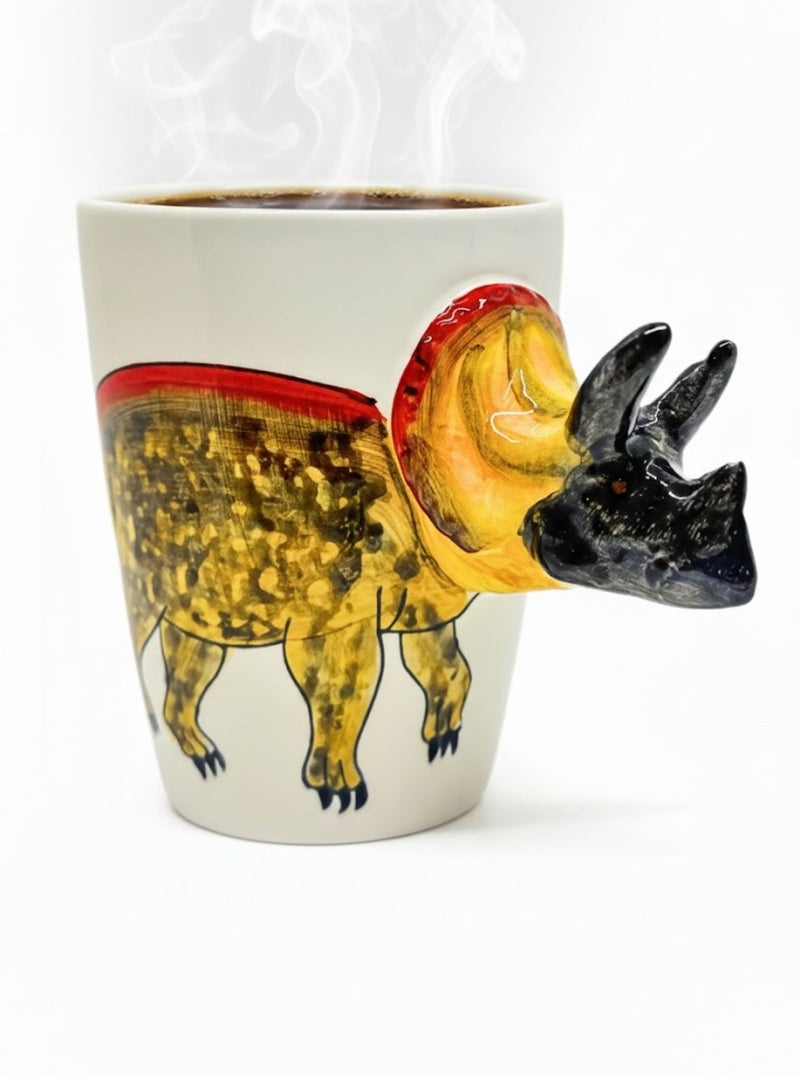 سولاري كوب قهوة سيراميك بمقبض ثلاثي الأبعاد من ترايسيراتوبس | كوب بتصميم حيواني إبداعي | كوب شاي وقهوة مصنوع يدويًا | هدية فريدة للمنزل والمكتب | أبيض | 350 مل - Image 2